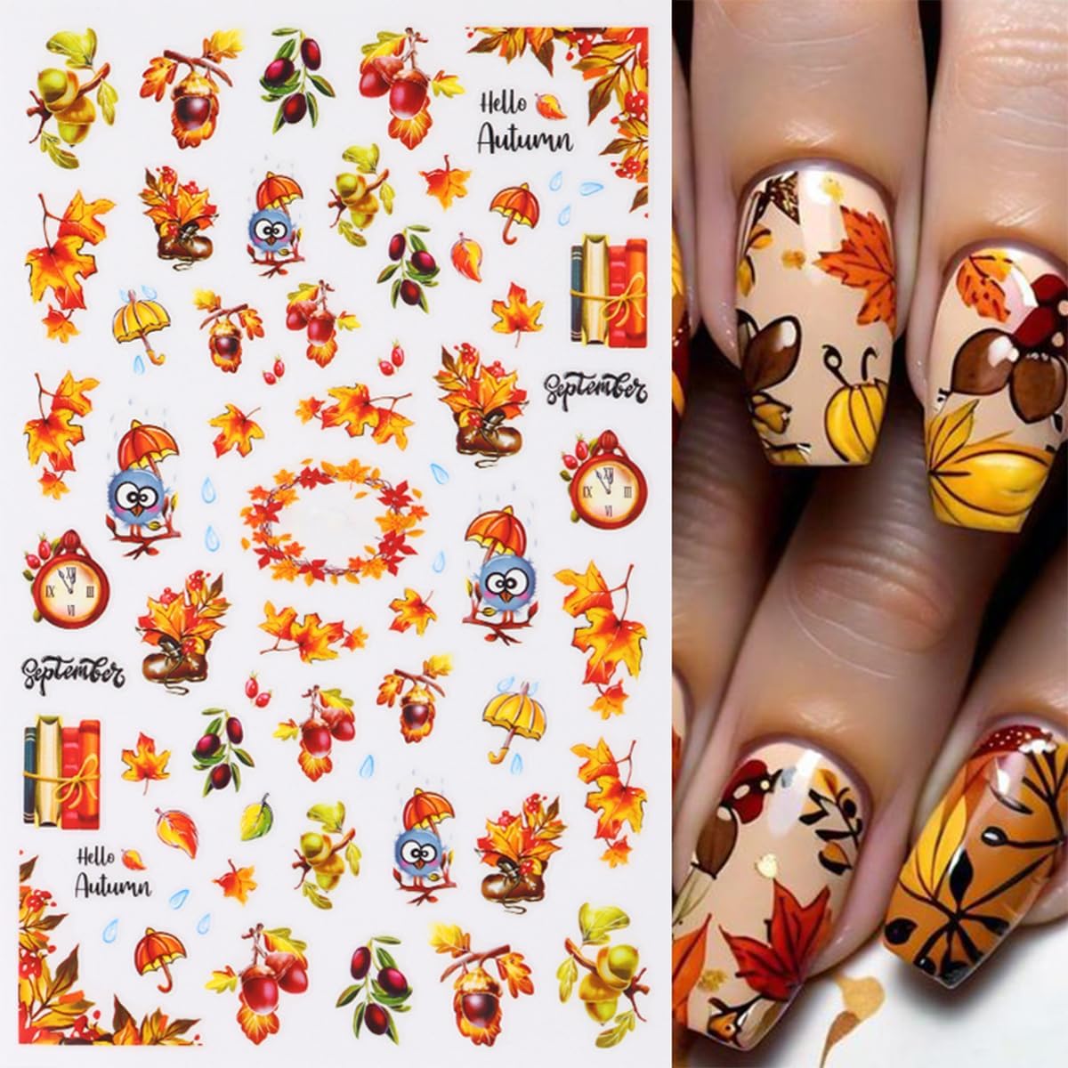 Fall Nail Art Stickers 8 Pcs 3D Self-Adhesive Thanksgiving Nail Decals Maple Leaves Pine Cone Deer Nails Designs Autumn Nails Decorations for Women DIY Manicure Art Supplies