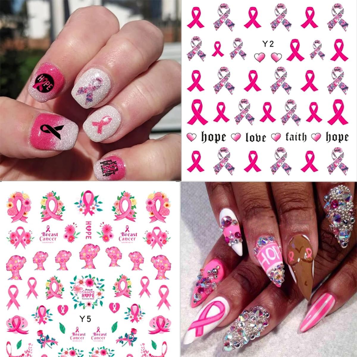 6 Sheets Breast Cancer Nail Art Stickers 3D Heart Pink Ribbon Breast Cancer Awareness Nail Decals Self-Adhesive Design Nail Art Supplies Stitch Nail Stickers for Women DIY Acrylic Manicure Tips Nail