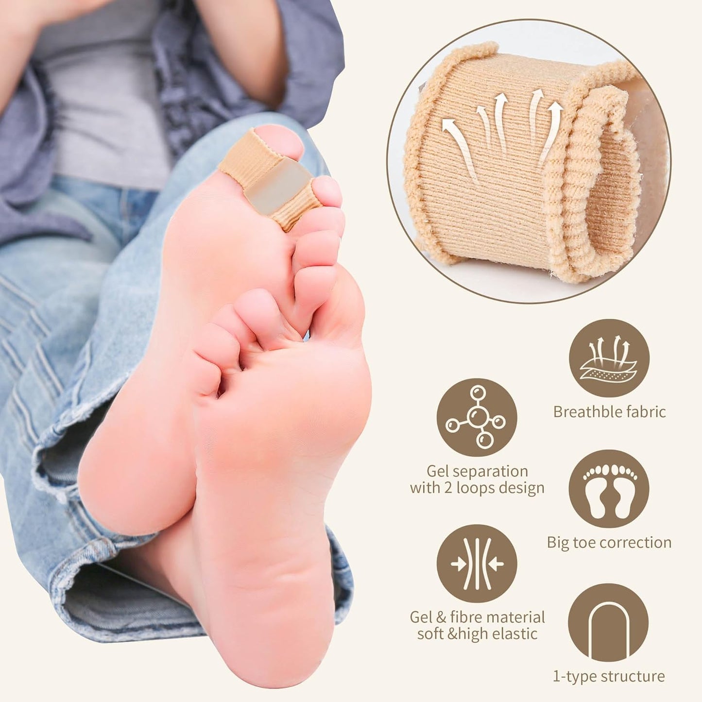 FOYOLO Gel Toe Separators Bunion Corrector with 2 Loops be Made of Elastic Fabric Material 2PCS Toe Corrector for Big Toes, Toe Spacers Suitable for Hallux valgus, Foot Pain,Corns (L)