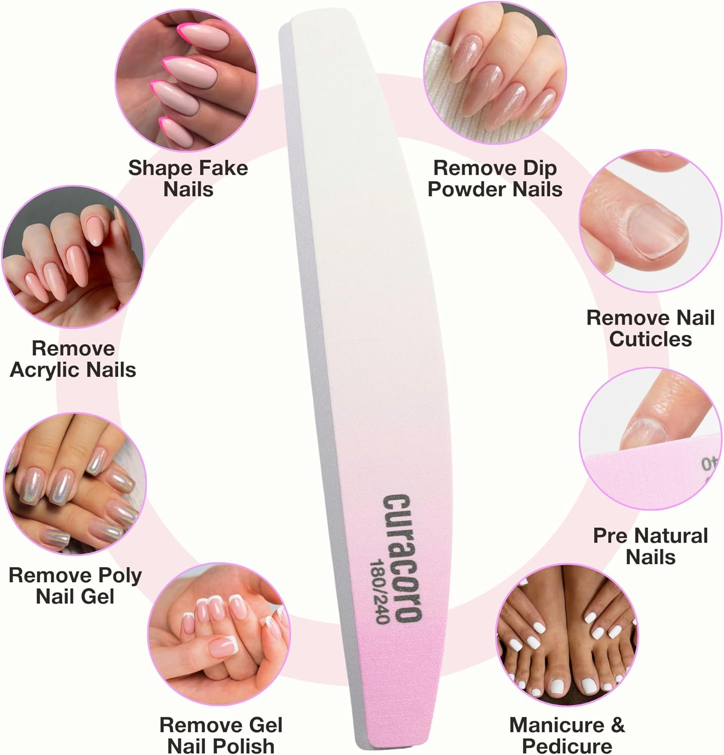 Curacoro 10 PCS Nail File - Professional Half-Moon Nail Files Double Sided Emery Board (180/240 Grit), Washable Nail Files and Buffers, Smooths & Shapes Nails, Manicure & Pedicure Buffing Tools