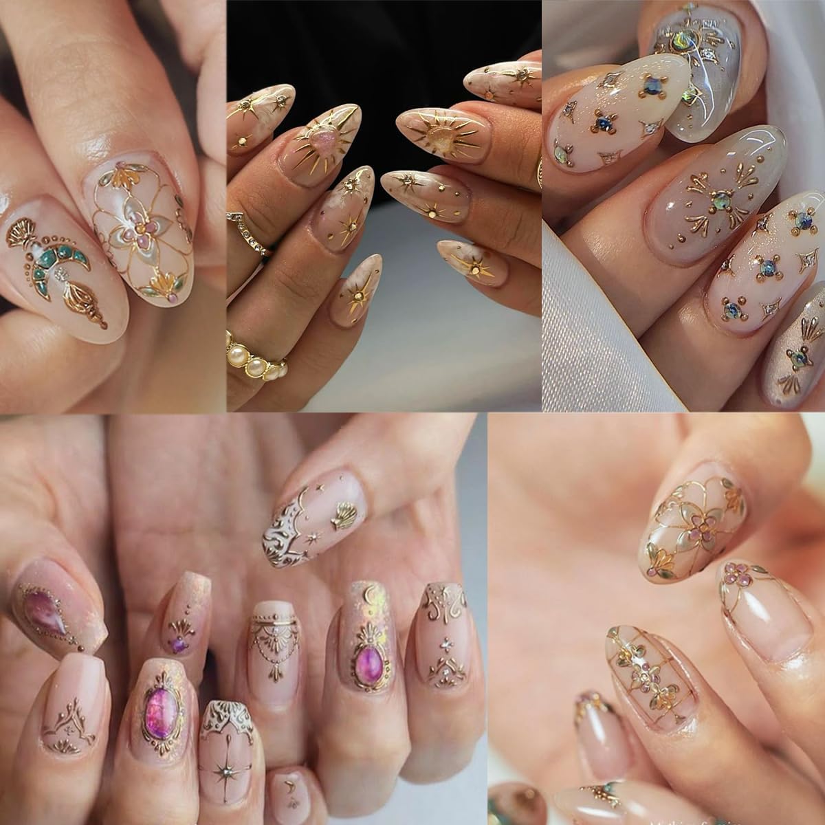 2 Sheets Bohemian Style Nail Decals Embossed Star Nail Art Stickers 5D Self-Adhesive Sun Moon Nail Stickers Bohemia Nail Designs Decals Stars Nail Decoration for Women Girls Nail Art Supplies