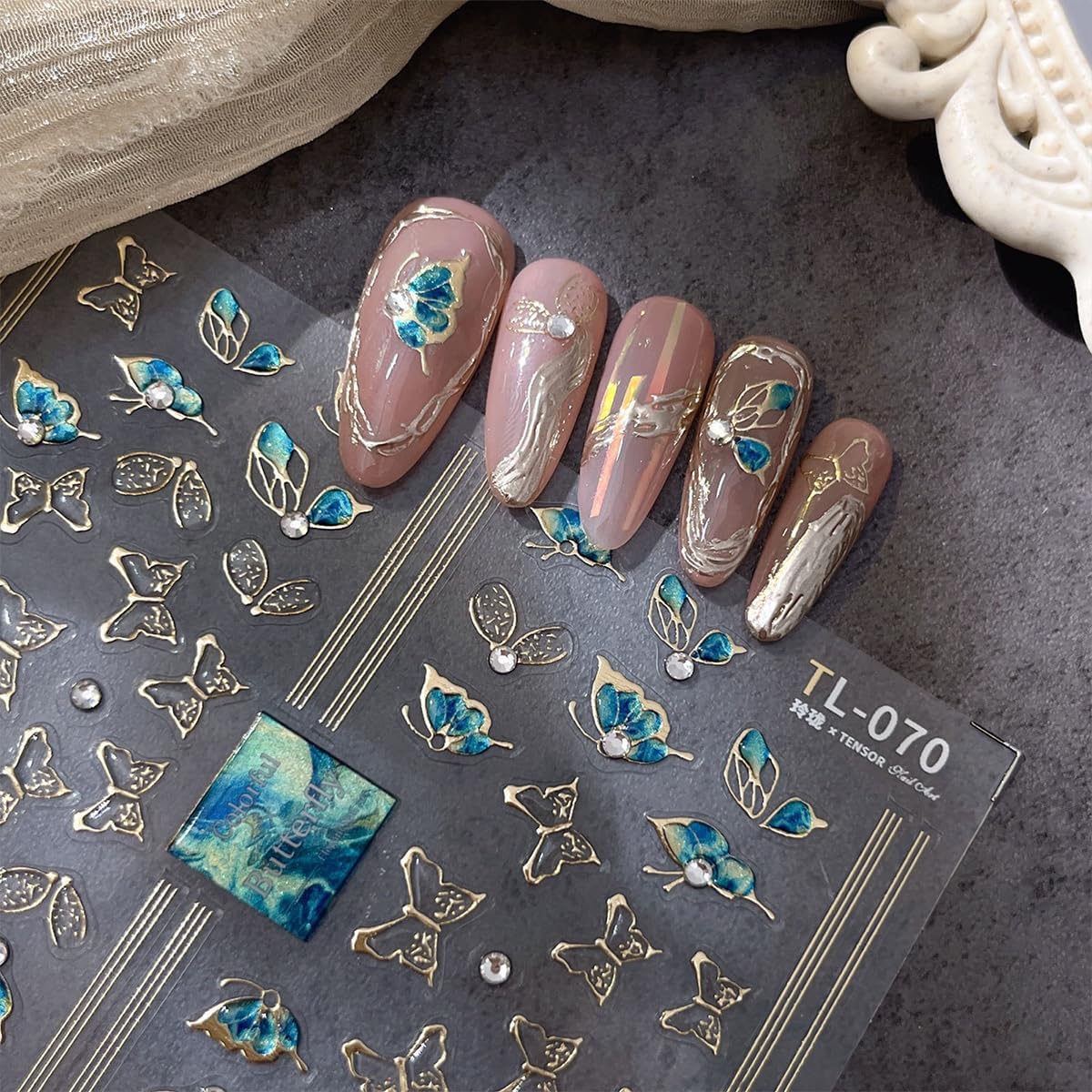 5D Embossed Butterfly Nail Stickers - Green Butterfly Gold Edge Design Shiny Nail Art Decals - Self Adhesive for Women's Manicure
