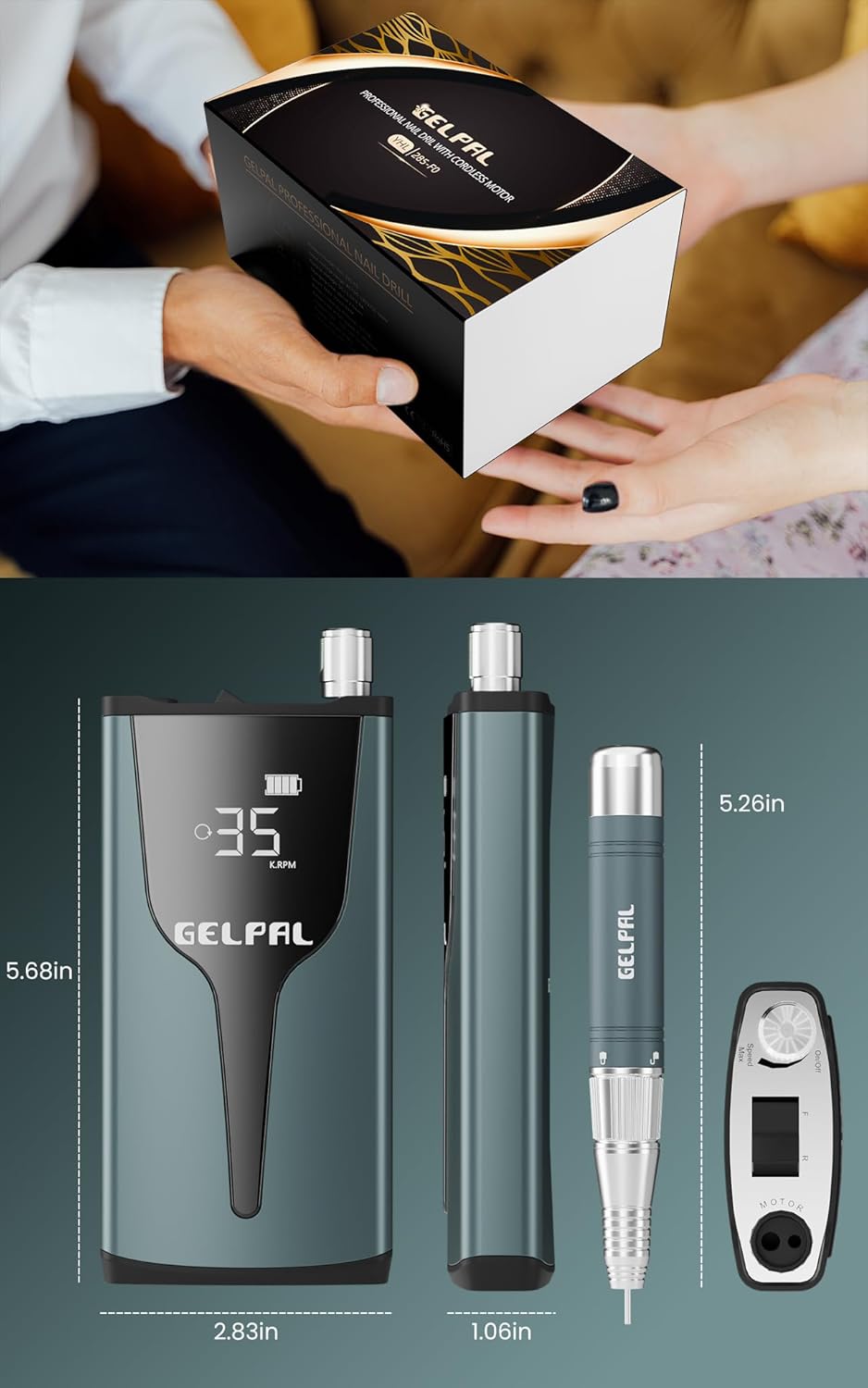 Rechargeable Nail Drill - Brushless Motor - Electric Nail Drill for Acrylic Nails Professional,35000RPM Electric Nail File,Cordless for Home Salon, Low Noise, Low Heat, Blue Grey