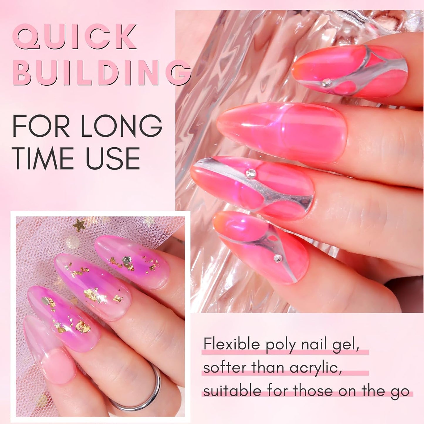 Makartt Poly Nail Gel Set: Sheer & Neon Pink Colors, Strong Builder for Extension Overlay Strengthener 3D Diy, Long-lasting for Nails French Manicures Home Salon-2PCs 30ML