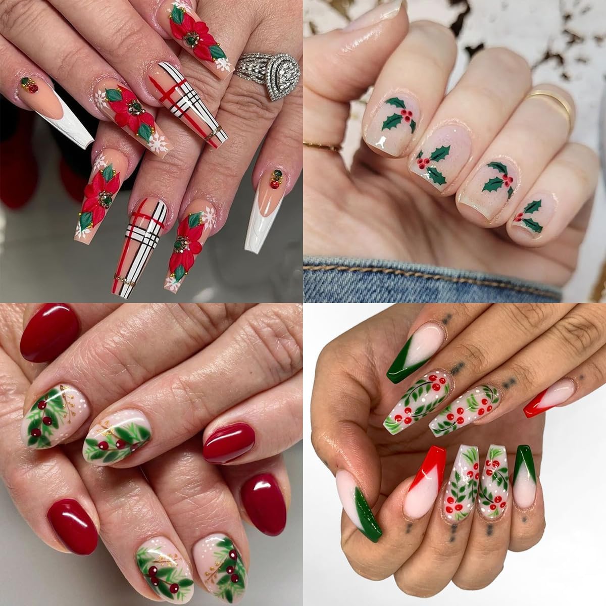 4 Sheets Christmas Nail Art Stickers 5D Embossed Holly Leaf Nail Decals Winter Christmas Tree Elk Snowflake Design Self Adhesive Nail Art Supplies for Women Acrylic DIY Holiday Manicure Decoration