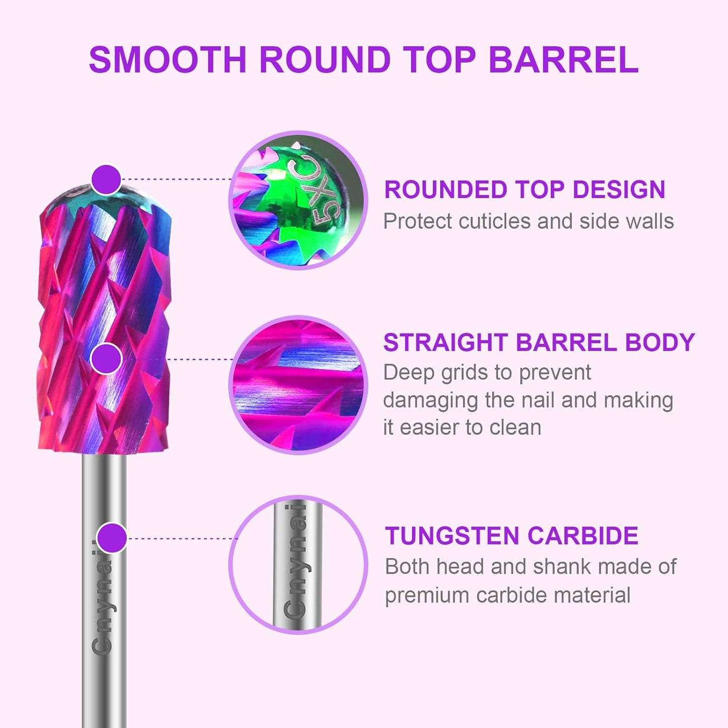 3/32" 2PCS Large Barrel Smooth Round Top Tungsten Carbide Nail Drill Bit Safety Bit for Gel & Acrylic Removal, Right Way Rotating Efile Tip, Salon Electric File Accessory (5XC Grit, Purple)