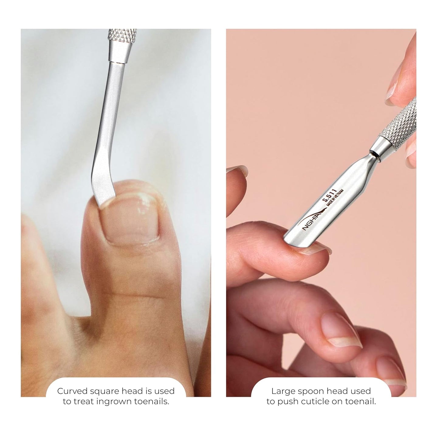 NGHIA Pusher - S-511 (Stainless Steel) | Double–Ended Ingrown Nail Treatment and Cuticle Pusher | Premium Quality for Nail Care | Ergonomic Design | Suitable for Professional & Home Use