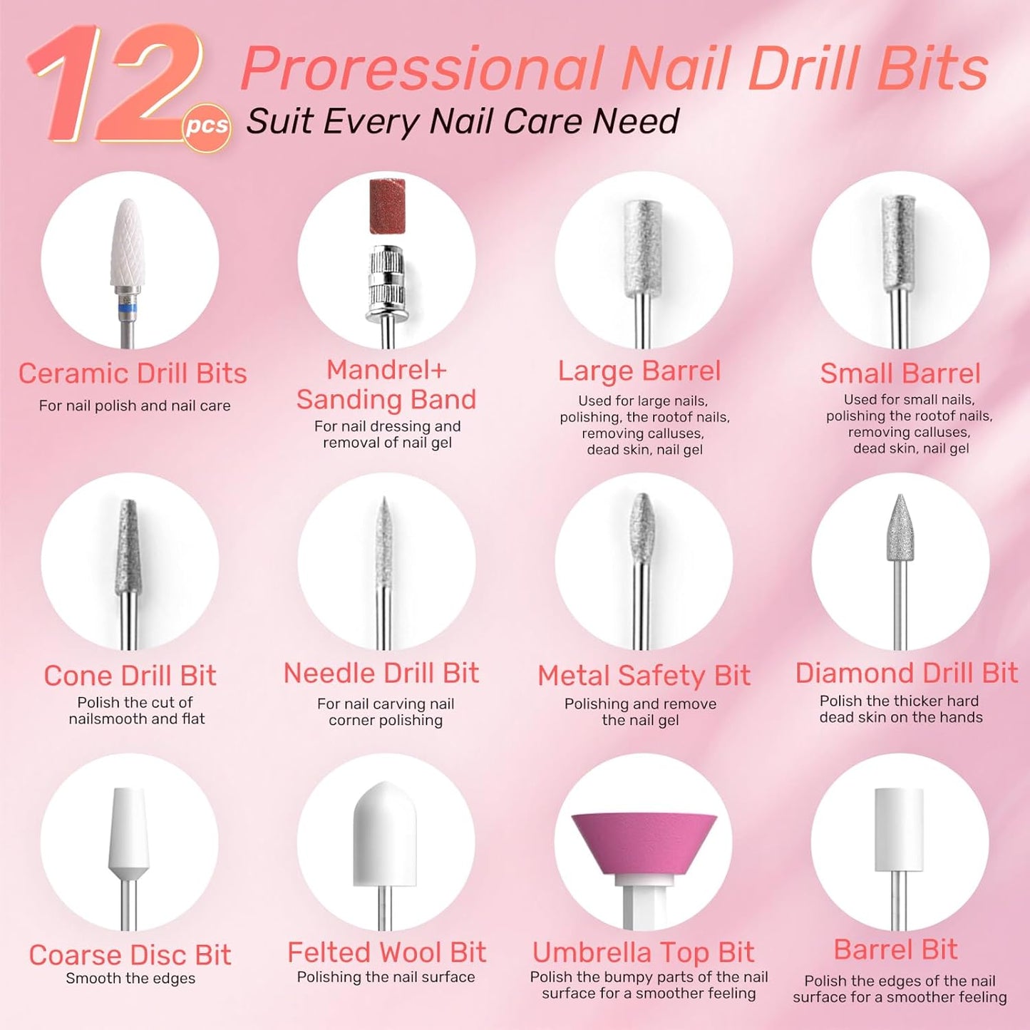 Portable Electric Nail Drill Machine Professional Kit, 23000 RPM Adjustable Speed, Nail Grinder Manicure Tool for Home Salon with Drill Bits Sanding Bands for Acrylic Gel Nails Pink