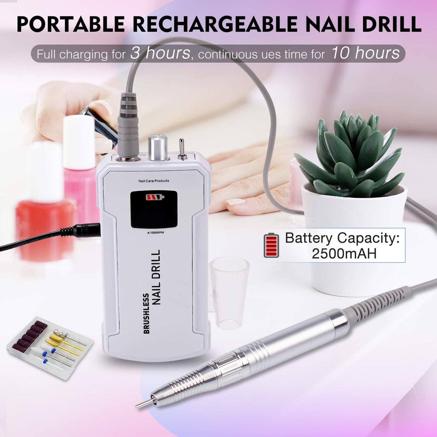 Professional Nail Drill Machine, IMENE 35,000RPM Portable Brushless Nail Drill Rechargeable E-File Nail Drills Perfect for Acrylic, Gel, Natural Nails(White)