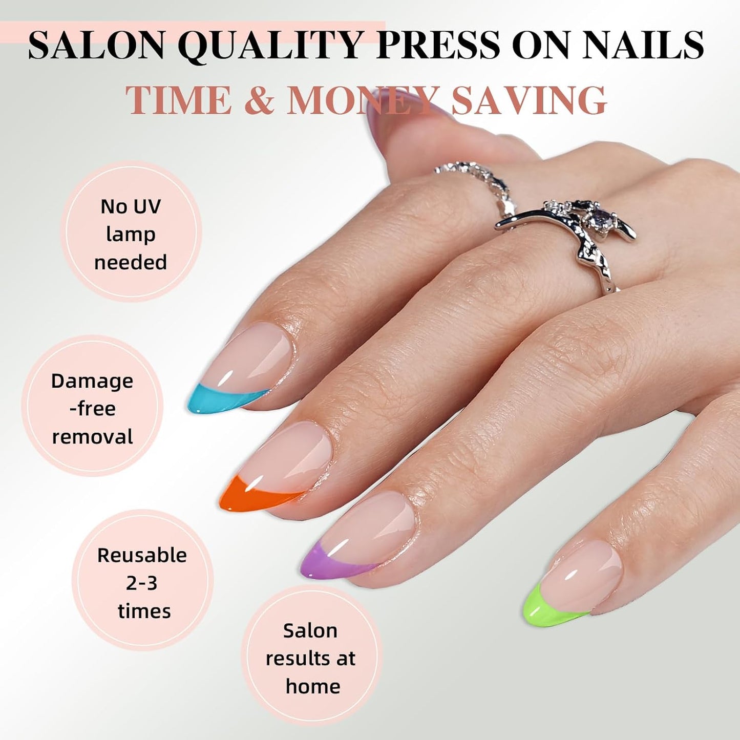 French Tip Press on Nails, Short Press on Nails Almond Reusable Glossy Soft Gel False Nails Press ons for Women, 16 Sizes 32 Count Nails Kit with Glue (SV-01)