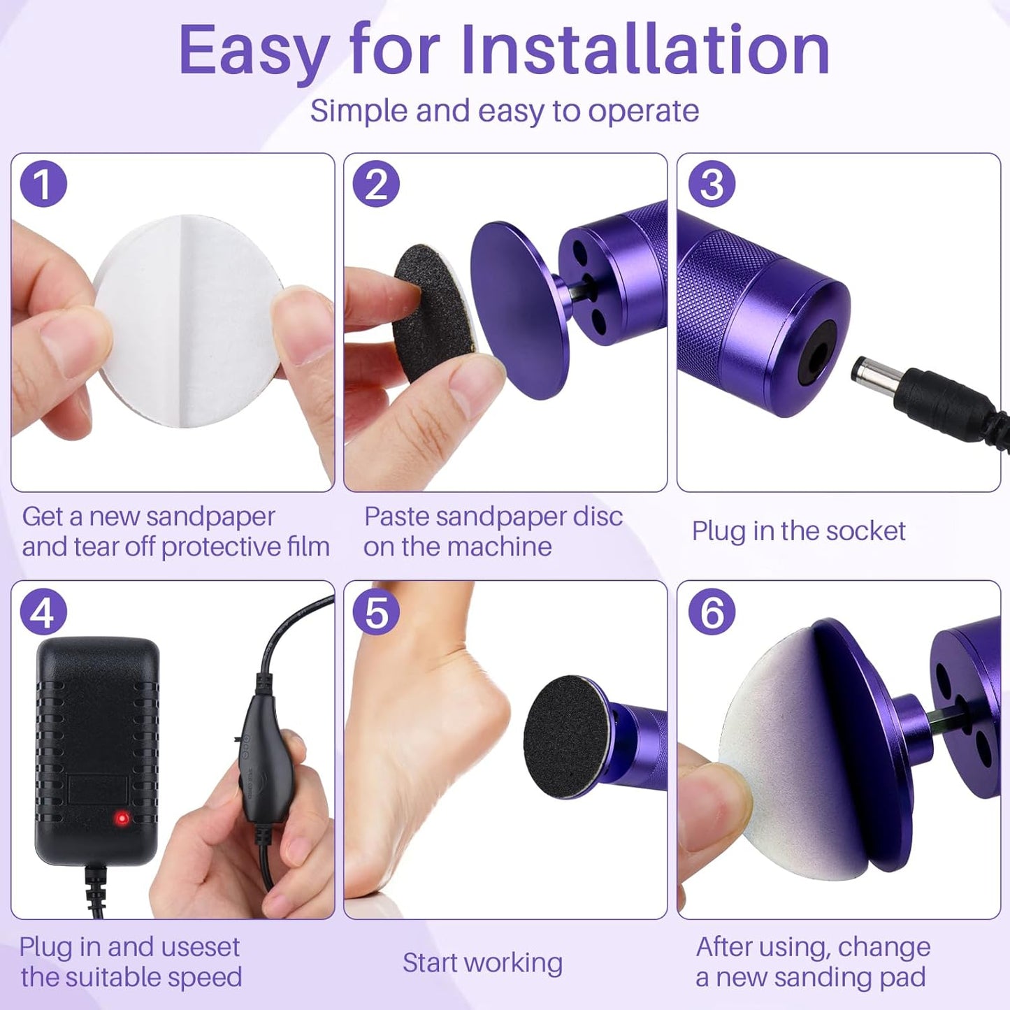 Electric Foot Callus Remover, 2-in-1 Electric Foot Filer/Nail Filer, Callus Remover for Feet with 60Pcs+12Pcs Sandpaper Discs,Holiday Gift Foot Repair Tool, Purple