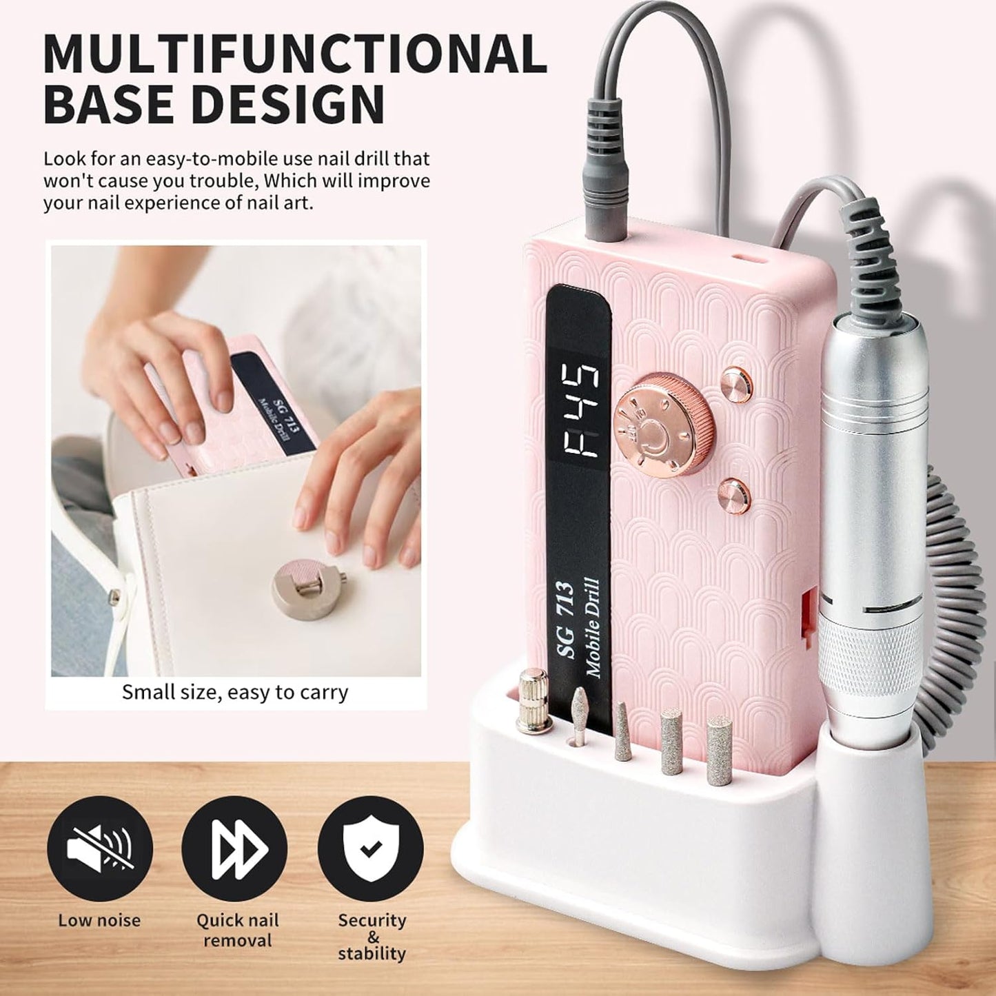 Professional Nail Drill Kit 45000RPM, Portable Electric Nail File with 13 Bits & 56pcs Sanding Bands,LED Screen,Ultra-Silent, Rechargeable Nail Drills Machine for Acrylic Nails Gel Polishing (Pink)