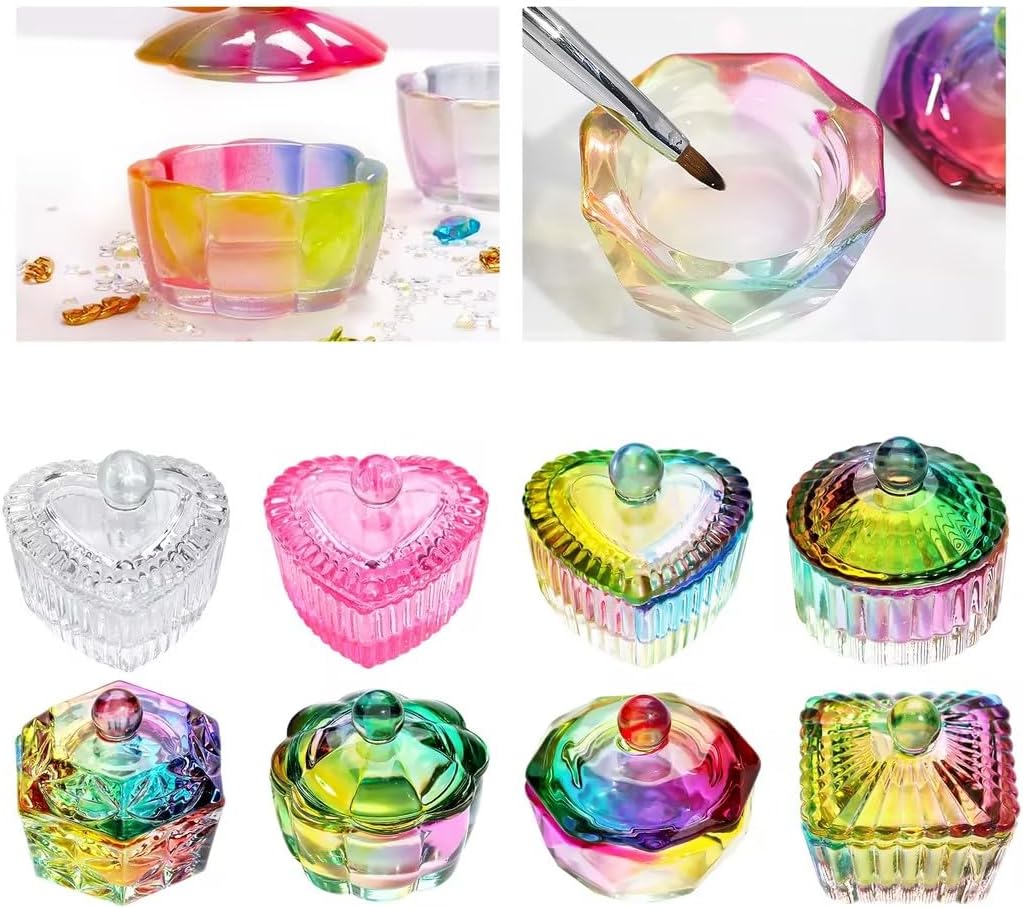A Set of Multicolour Hexagonal Prism Crystal Glass Dish with Lid,Hexagonal Prism Crystal Cup Acrylic Liquids Powder Glass Dish With Lid Crystal Bowl For Salon and Home,Nail Art and Polish