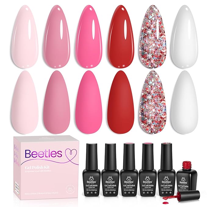 Beetles Pink Gel Nail Polish Set - 6 Colors Pink Gel Polish Nail Kit Red Nude Pink White Glitter Color Gel Fall in Love Collection Soak Off Uv LED Nail Lamp Gift for Women & Girls