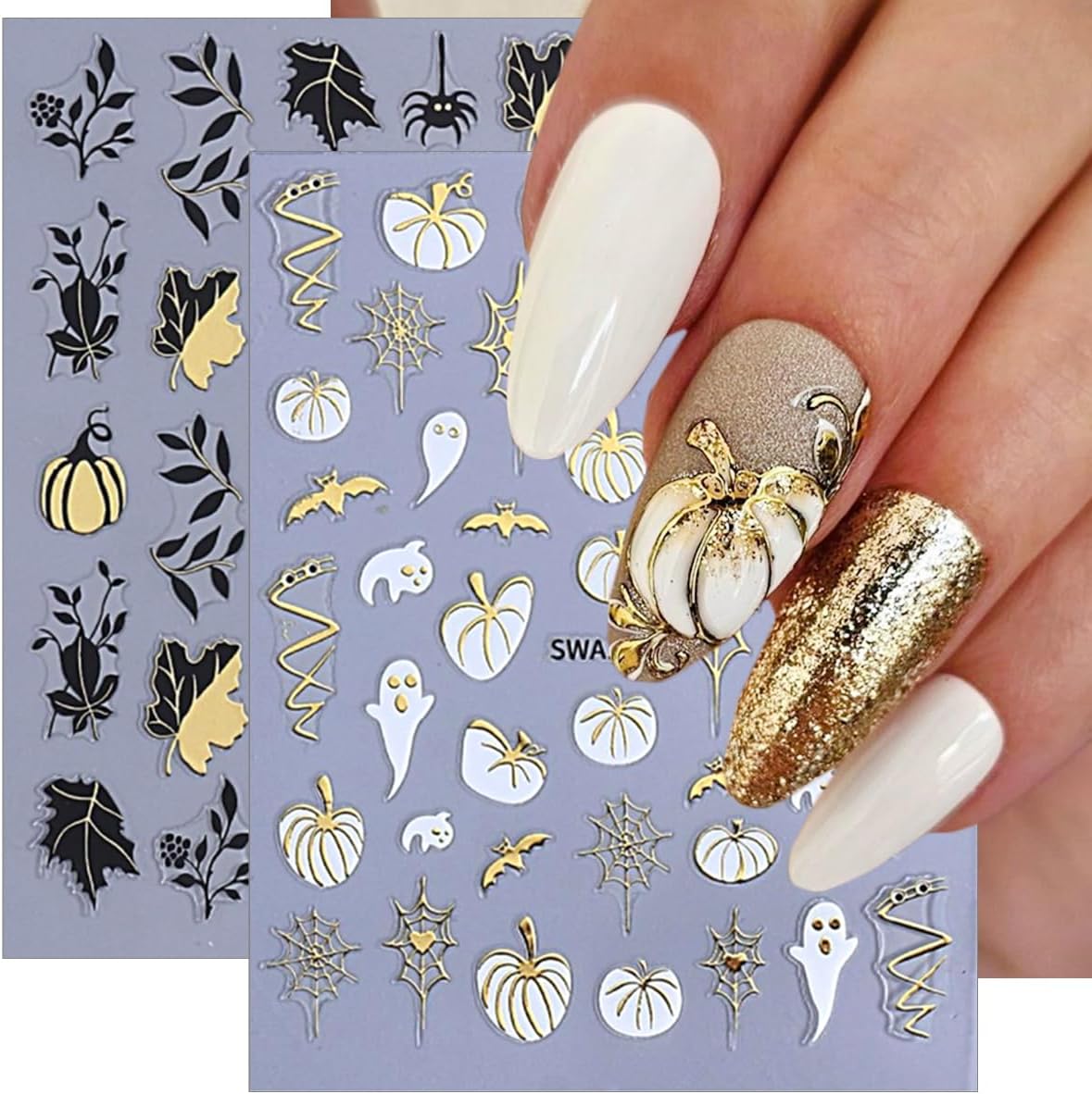 4 Sheets Halloween Nail Art Stickers Decals Fall Nail Decals Gold 3D Self-Adhesive Ghost Bat Spider Web Pumpkin Nails Decor Autumn Maple Leaf Nails Designs Stickers for Women Party Manicure Supplies