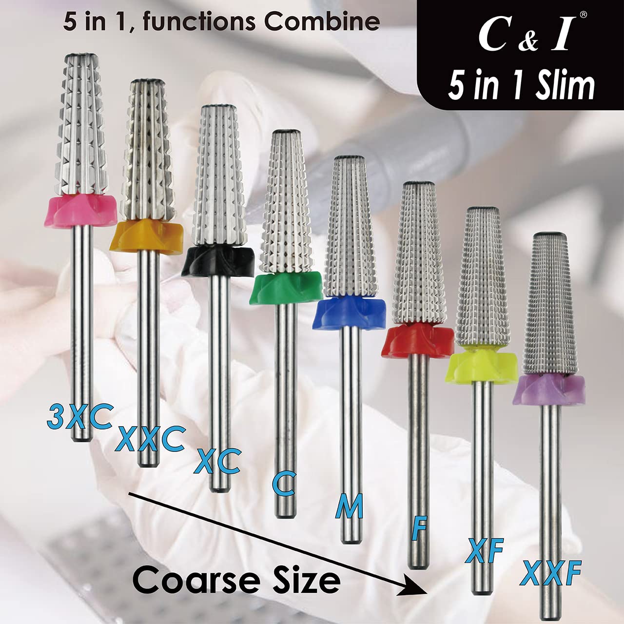 C & I 5 in 1 Nail Drill Bit, Slim Edition, Professional Manicure Drills for Electric Nail Drill Machine (Middle -M)