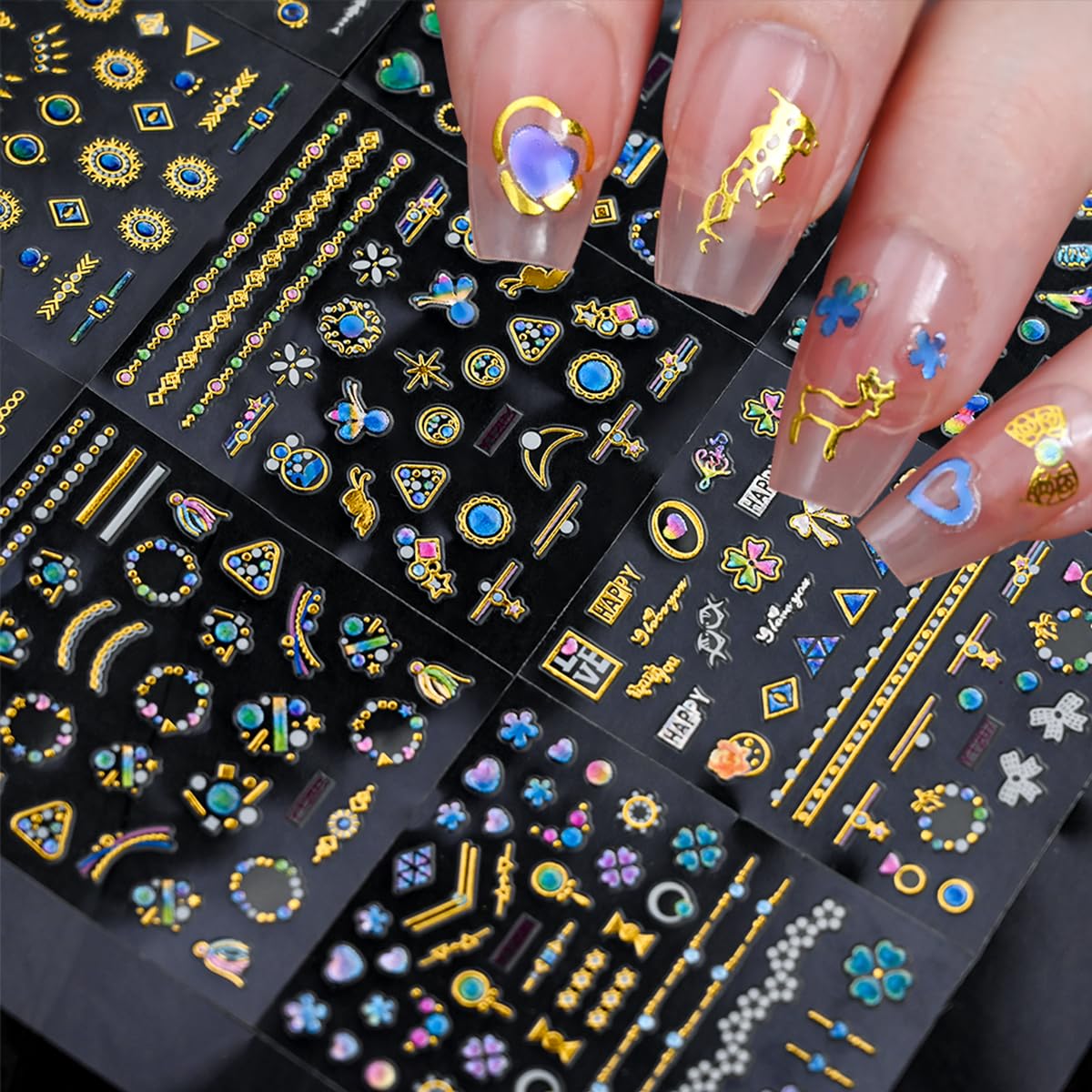 30 Sheets Gold Nail Art Stickers Blue Diamond Nail Design Stickers Heart Self Adhesive Acrylic Nail Supplies 3D Cute Floral Nail Decorations for Women Girls