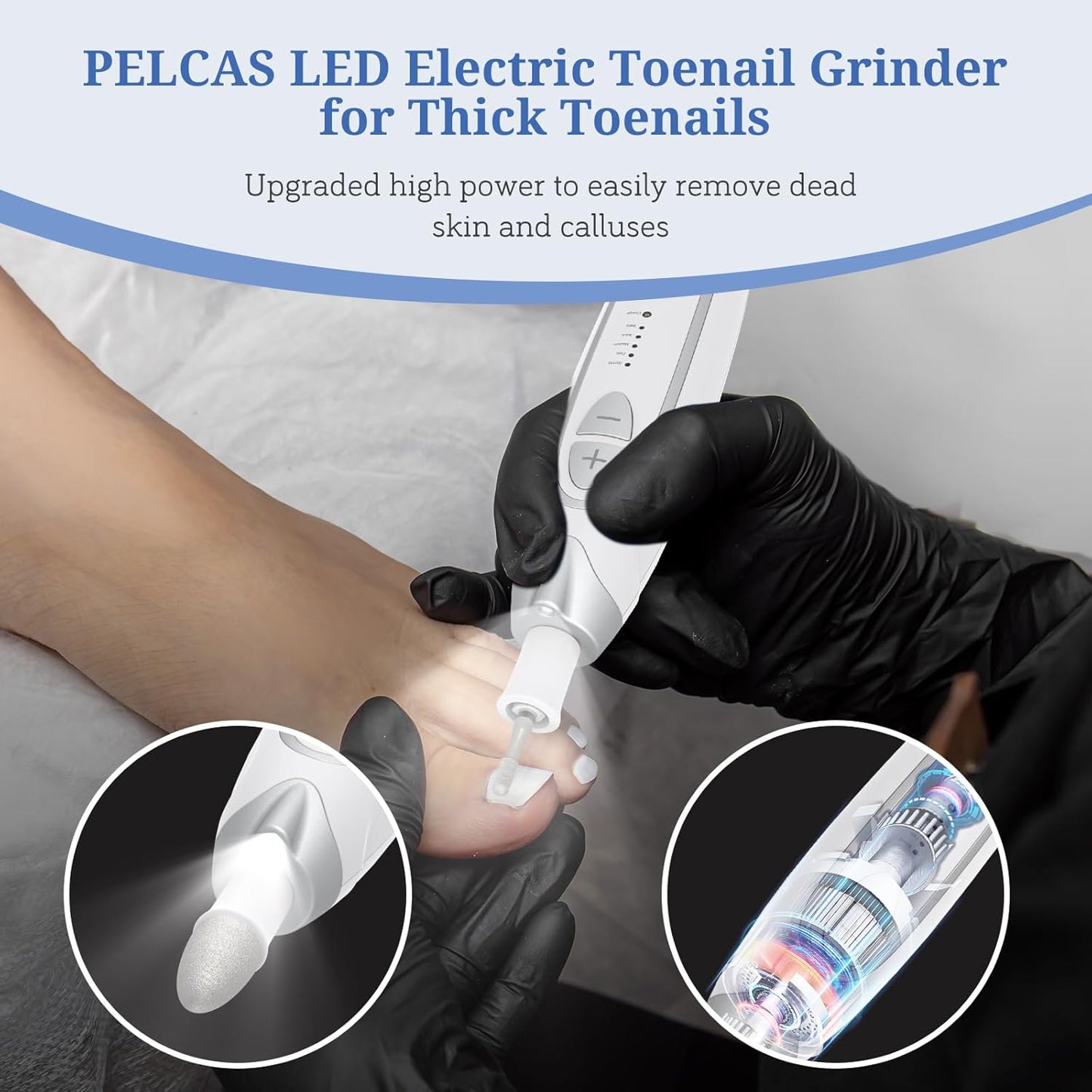 PELCAS Electric Nail File, 5 Speeds Manicure and Pedicure Kit, Cordless Nail Drill, Toenail Grinder for Thick Toenails with LED Light, Dremel Tool Kit for Human, Pet, Toenails, Natural & Acrylic Nails