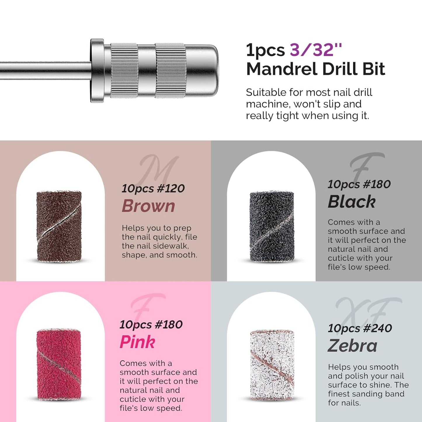 MelodySusie Nail Drill Bits, 10Pcs Diamond Sanding Bit Set with 40pcs Sanding Bands (#120#180#240 Grits) with 6.65mm Mandrel Bit, Nail Gel Polish Remover Tool for Acrylic Nails Manicure Nail Prep