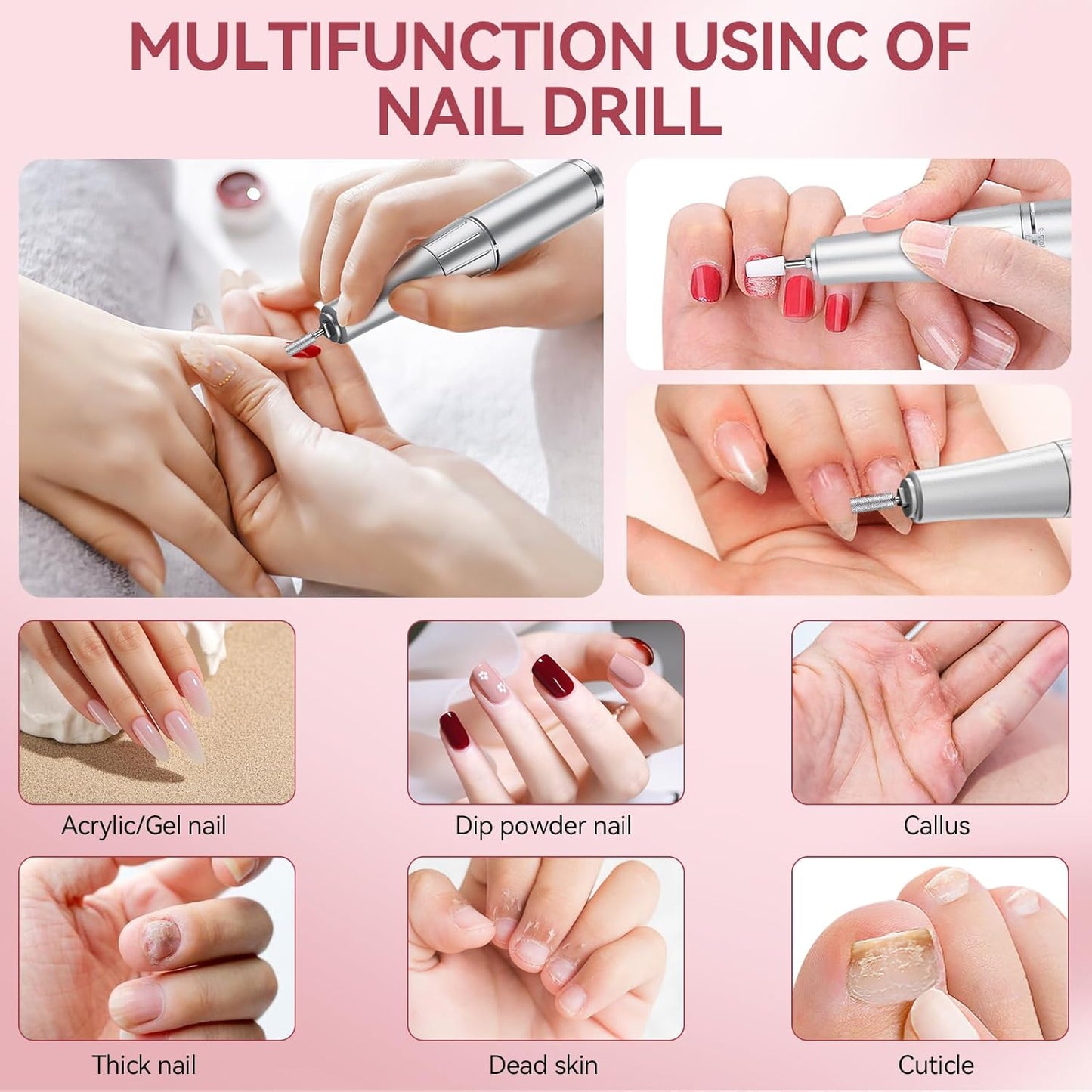 Nail Drill, Professional 45000RPM Electric Nail File with 12 Drill Bits Remover Gel Nail Polish Acrylic Nails Manicure for Salon Home(Pink)