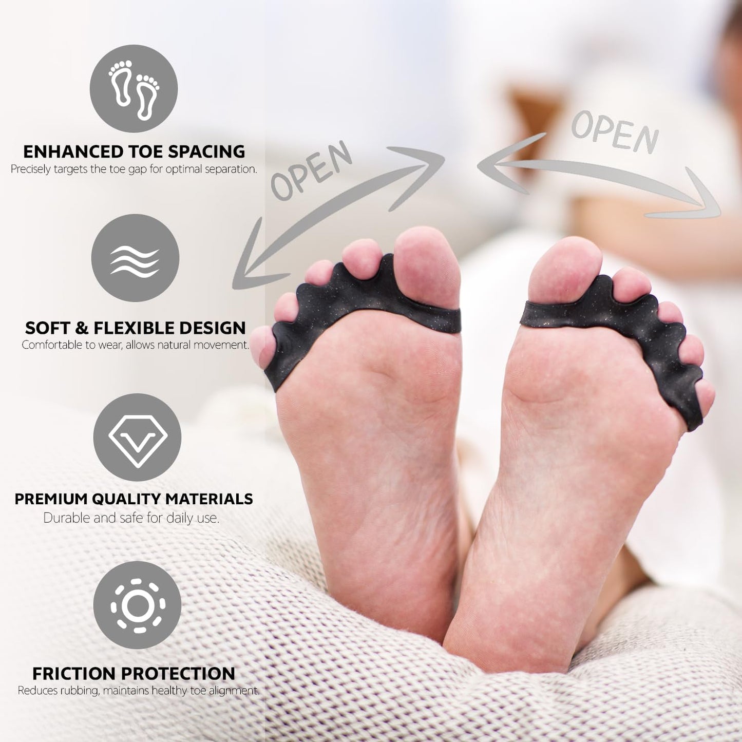 Durable Unisex Toe Separators with Sparkle Design for Yoga & Daily Use - Flexible Silicone toe Spacers for Bunions, One-Size-Fits-All for Men & Women (2PCS) (Black)