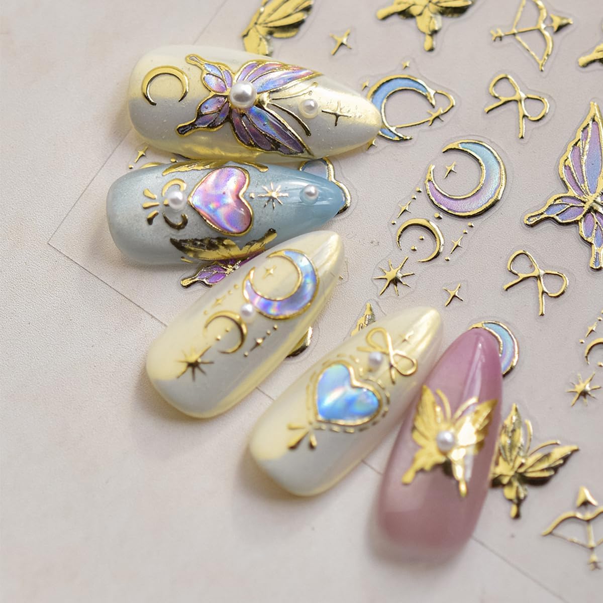 Butterfly Nail Art Stickers Decals 3D Gold Bronzing Nail Stickers Laser Star Moon Luxury Nail Design Self-Adhesive Nail Decals Manicure Sliders for Women Girls DIY Nail Art Decorations Supplies