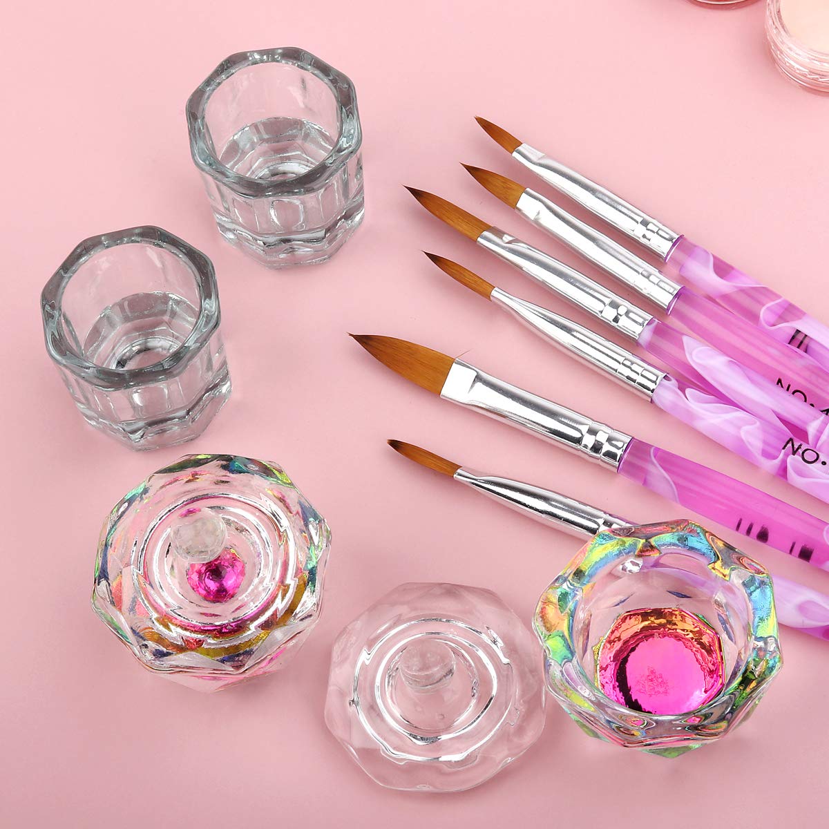 Acrylic Nail Brush Dappen Dish Set, 6PCS Nail Art Pen and 4PCS Crystal Dappen Dish, Manicure Bowl Cup Glass Container for Acrylic Liquid Nail Tool Kit