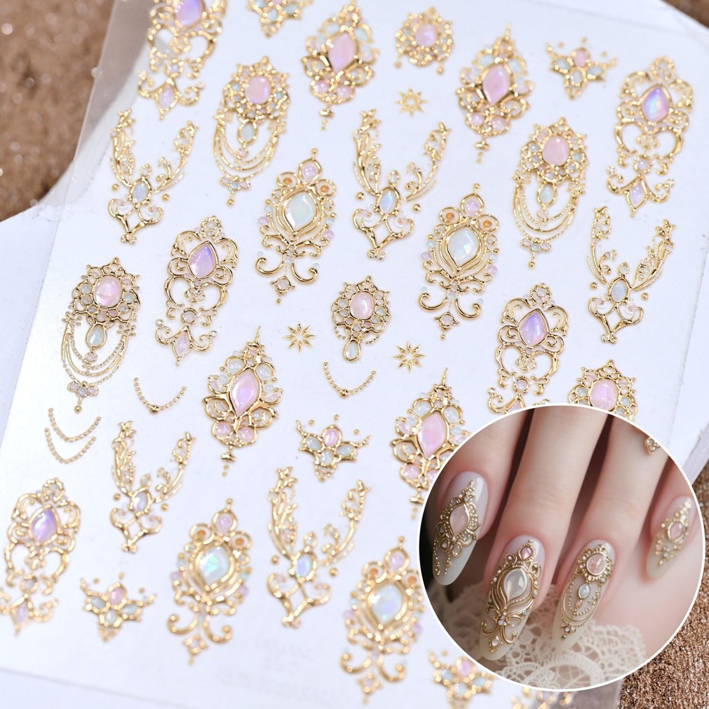 5D Embossed Gold Nail Stickers for Nail Art Gemstone Nail Art Stickers Vintage Gold Nail Decals Self Adhesive Nail Design Manicure Supplies Charm for Women Girls Nails Decorations