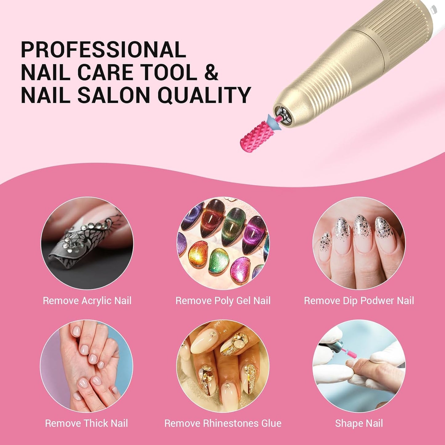MelodySusie Safety Nail Drill Bits, 3/32'' Smooth Round Top Large Barrel Carbide Bits, Suitable for Manicure Pedicure Cuticle Gel Polishing, Beginners Bits, Pink Blossom, Series Bit-S, 4XC