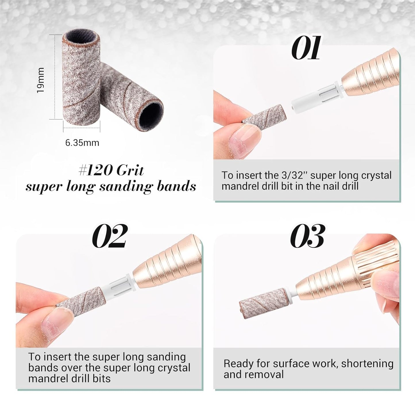 MelodySusie 50 Pcs Nail Drill Bits Super Long Sanding Bands with 6.65mm Crystal Mandrel Bit, 120 Medium Grit Nail File for Acrylic Nails Gel Manicures and Pedicure, Zebra