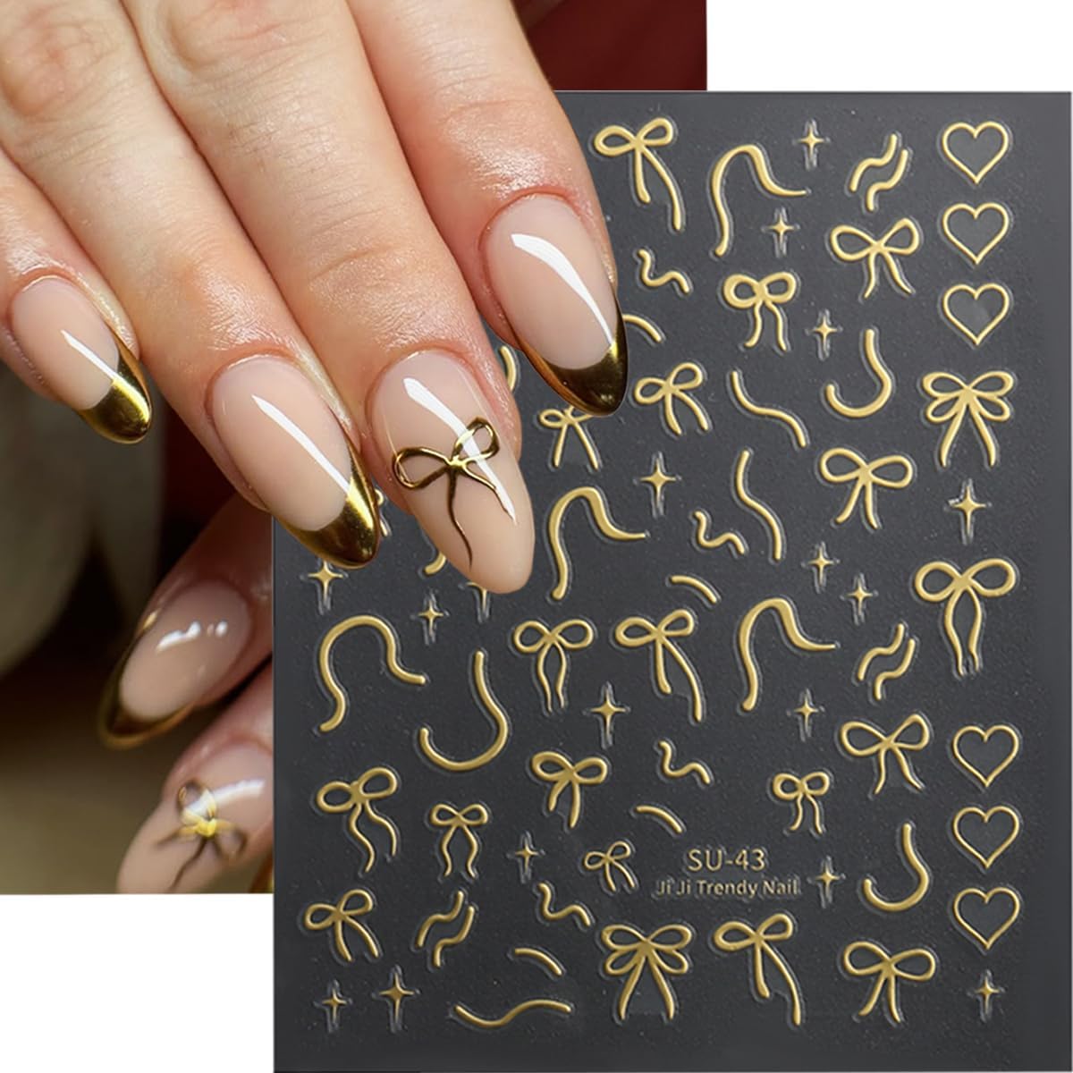 6Sheets Bow Nail Stickers for Nail Art Glitter Red Gold Bows Nail Decals Aurora Cute Nail Art Stickers 3D Self Adhesive Nails Design Charms Supplies for Women Girls Manicure Decorations