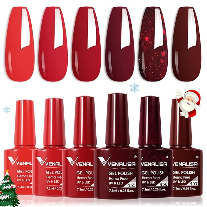VENALISA Hema-Free Red Gel Nail Polish Set- 6 Colors Popular Red Burgundy Glitter Gel Polish Kit, DIY at Home Salon Christmas New Year's Gifts for Girls