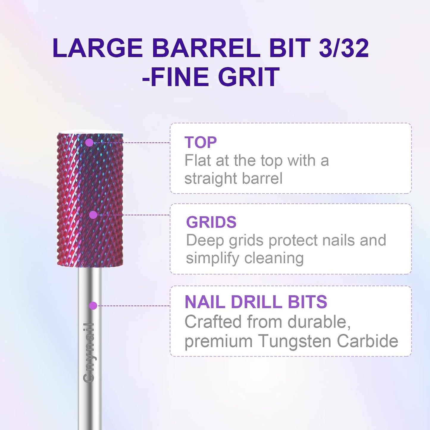 3/32" Large Barrel Bit Tungsten Carbide Nail Drill Bit Safety Bit for Gel & Acrylic Removal, 2- Way Rotating Efile Tip, Salon Electric File Accessory (M Girt, Purple)