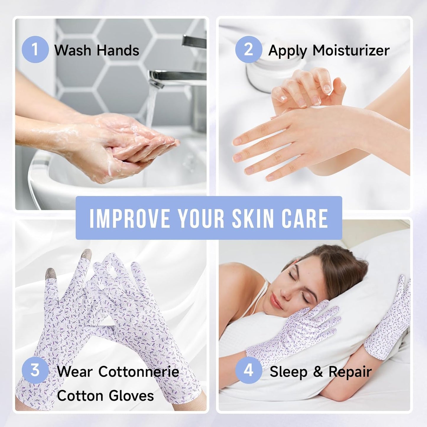 HandLove Premium 100% Cotton Gloves | Moisturizing Gloves for Dry Hands & Eczema | Overnight Sleeping Gloves, Eczema Gloves | Touchscreen | Extended Wrist White Gloves with Lavender Speckles, 2 Pairs