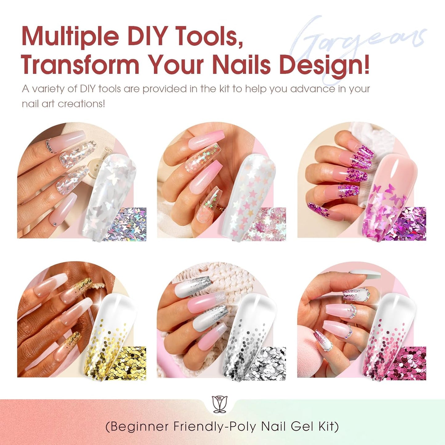 ROSALIND 20PCS White Clear Poly Nails Gel Kit Starter Build er Kit with Slip Solution Pro Nude Pink Nail Extensions Gel Set with Mini UV Lamp Drill Nail Art