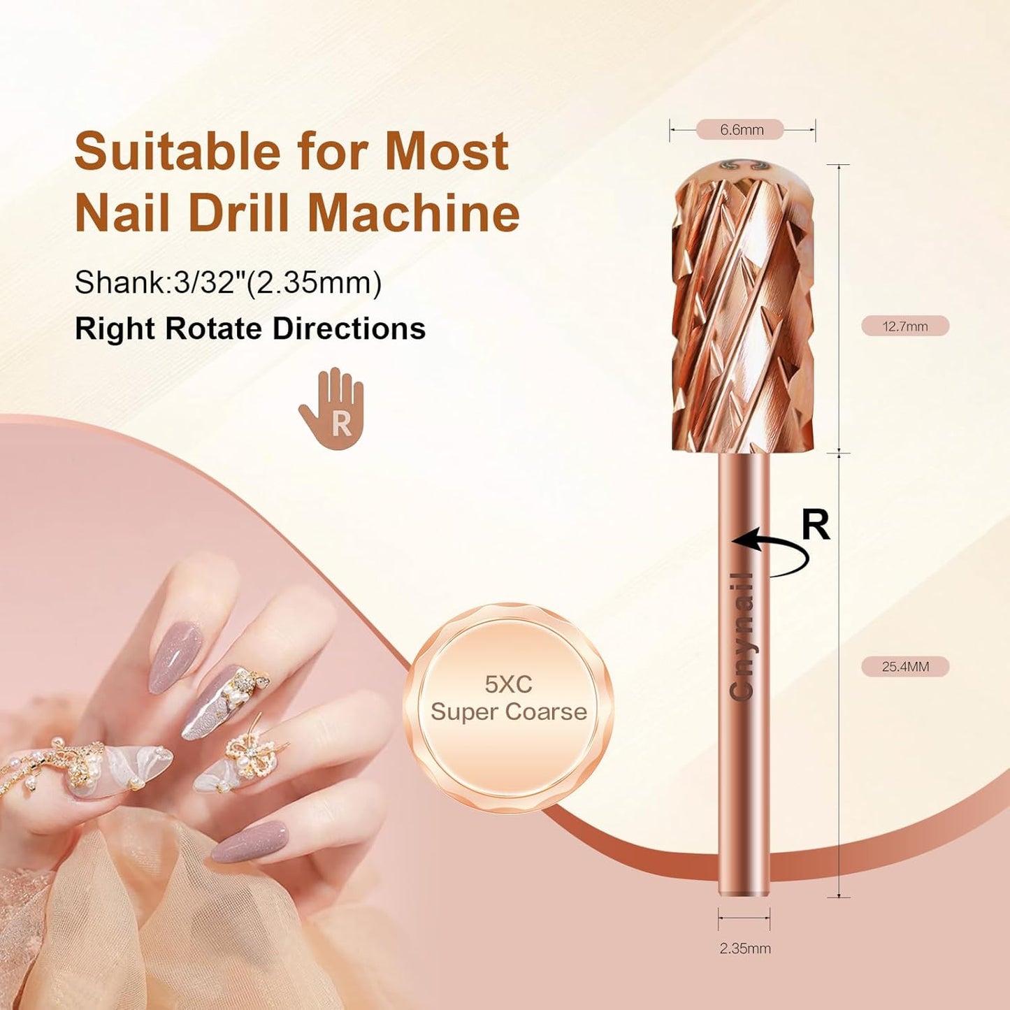3/32" Large Barrel Smooth Round Top Tungsten Carbide Nail Drill Bit Safety Bit for Gel & Acrylic Removal, Right Way Rotating Efile Tip, Salon Electric File Accessory (5XC Grit, Rose Gold)