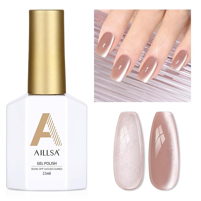 AILLSA Glass Cat Eye Gel Nail Polish, 15ml Nude Glitter Jelly Sheer Gel Polish, Translucent Magnetic Shimmer Sparkle Nail Art U V Salon 0.5 OZ GF38