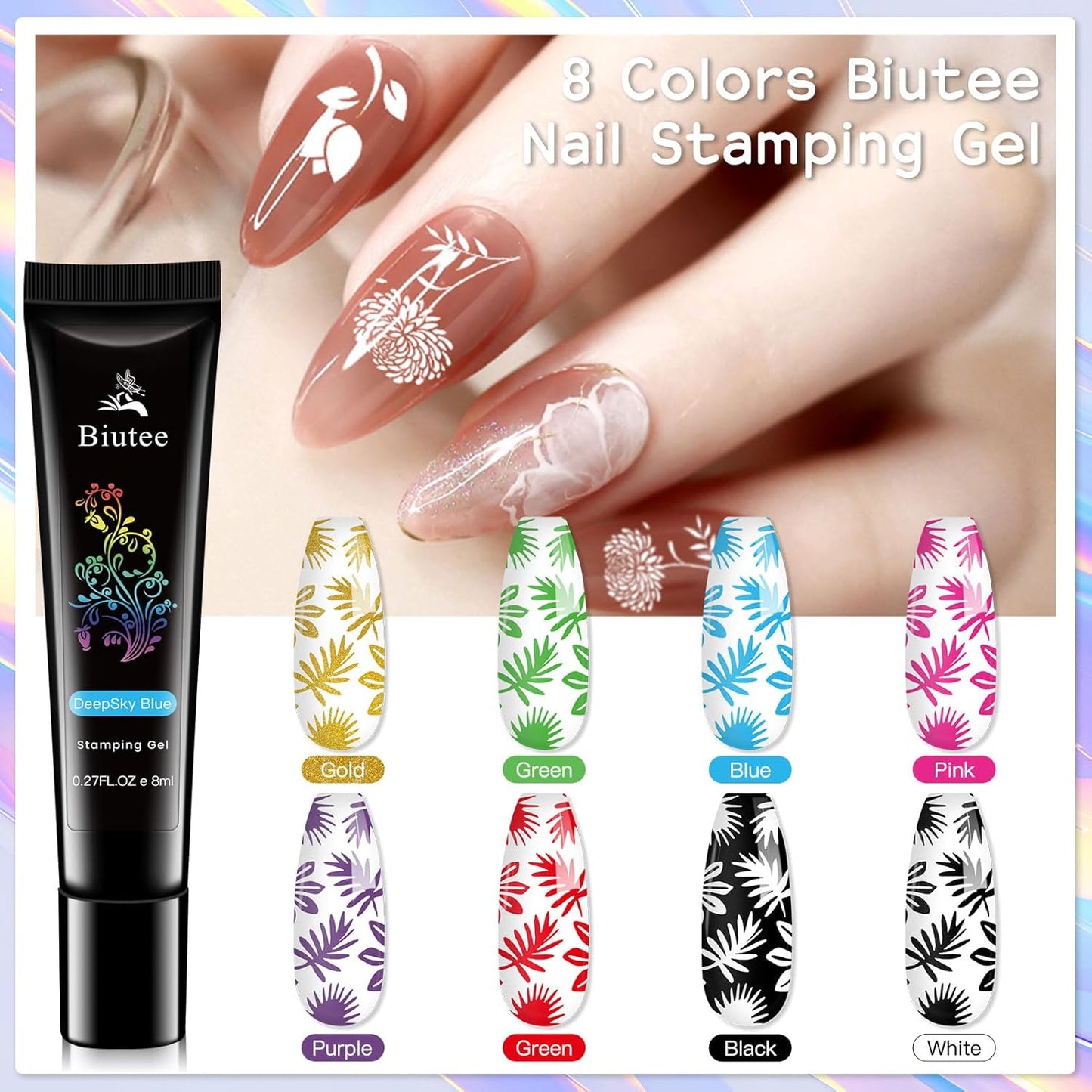 Biutee Nail Stamper Kit 12Pcs Nail Art Stamping Plate 8 Colors Stamp Polish Gel with Top Coat and Base Coat Set Silicone Stamper Scraper, Nail Stamp Plates Love Flower Butterfly Leaf Halloween Design