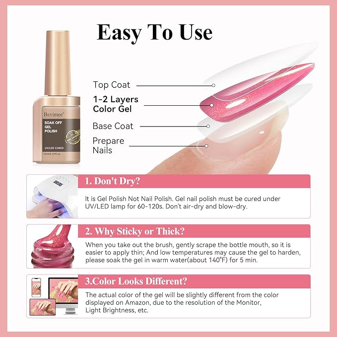 Shimmer Gel Nail Polish, Pink Color Holographic Glitter Jelly Gel Polish Soak Off UV Neutral Nail Polish Gel for Nail Art Salon at Home, 12ML