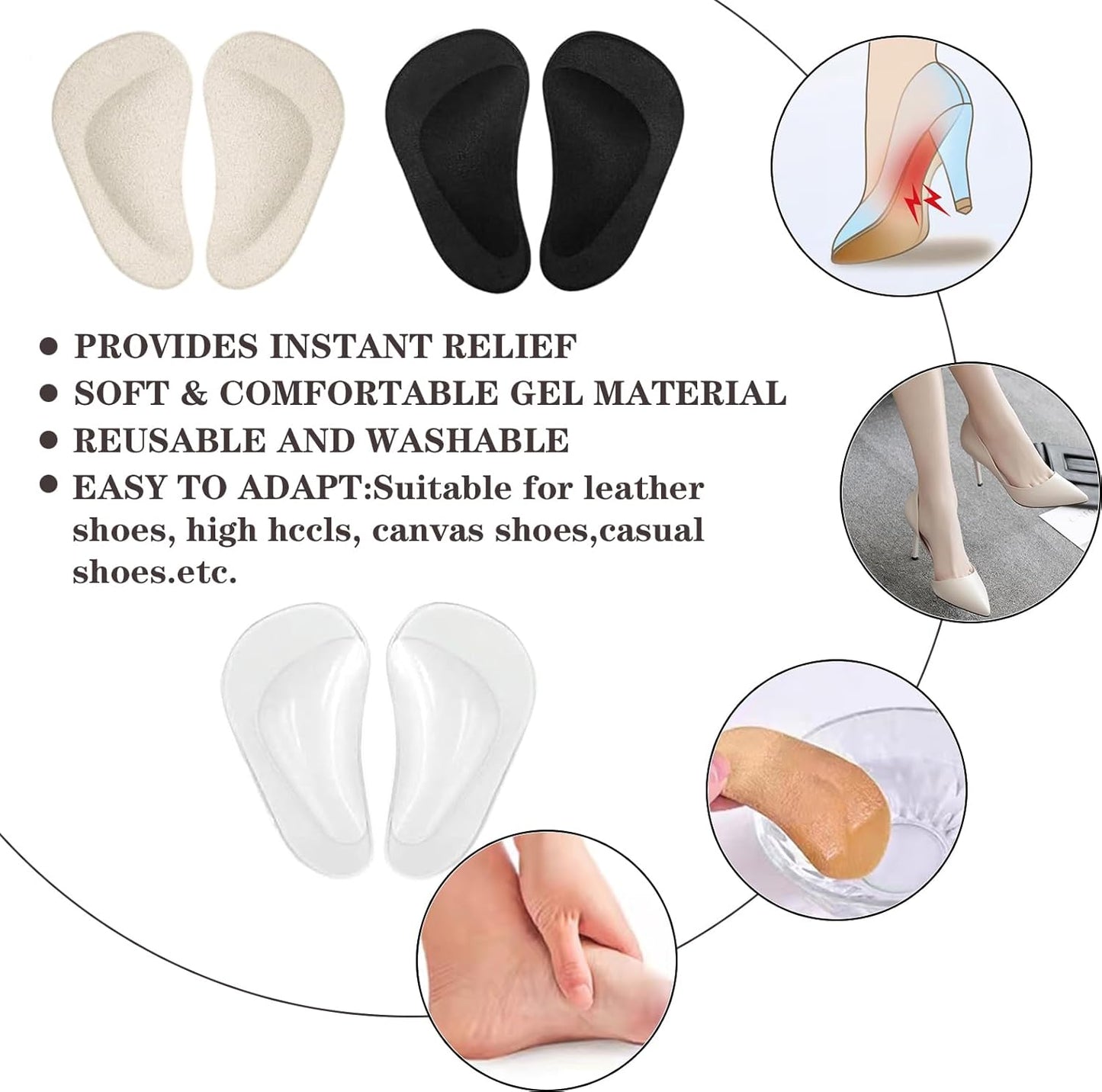 Correct-Position Gel Arch Support Insoles: Plantar Fasciitis & Flat Feet Relief, Adhesive Foot Pads for Pressure-Free Comfort- 6 Pairs
