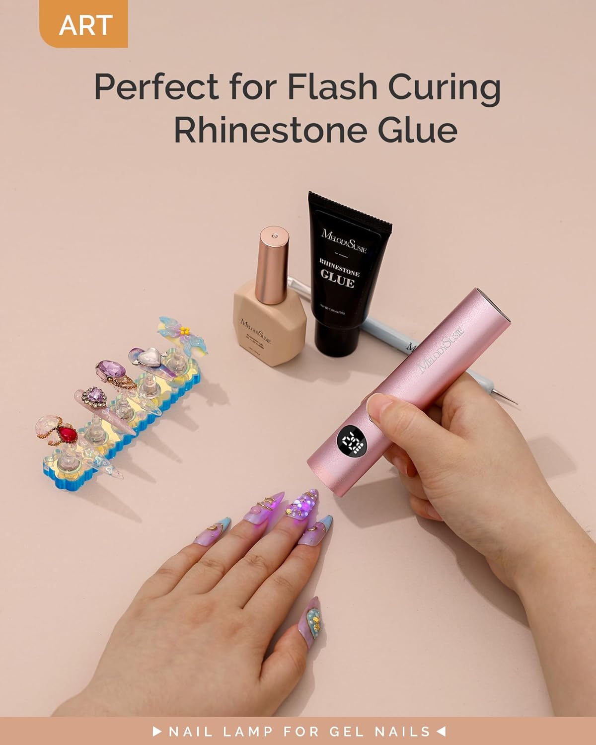 MelodySusie Handheld UV Light, ART01G Mini Portable Cordless Nail Lamp with LCD Display, Optical Lens, Acetone Resistant Case, Flash Cure for Rhinestone Glue, Pink