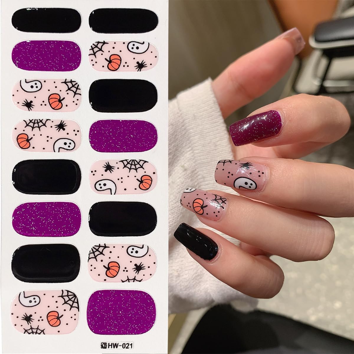 6 Sheets Halloween Nail Art Stickers Cute Cat Ghost Full Nail Wraps Stickers 3D Self-Adhesive Pumpkin Bat Spider Mummy Nails Polish Sticker Shiny Spider Web Gel Nails Strips Decals for Women