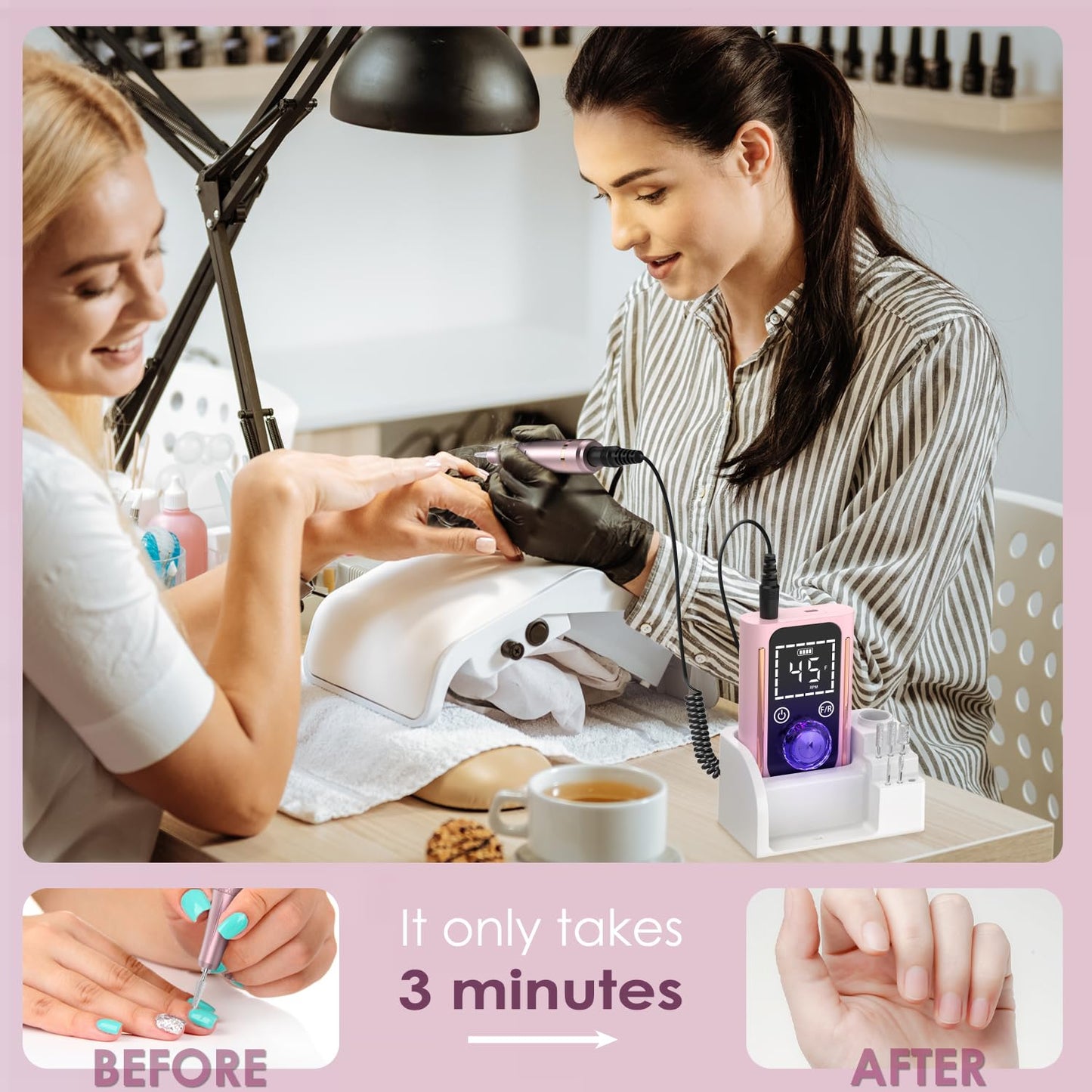 Electric Nail Drill 45000 RPM, Professional Rechargeable Nail File Kit, Portable Nail Drill Machine, Acrylic Nail Kit, Touch Screen Control, for Any Manicure, Pedicure, Pink