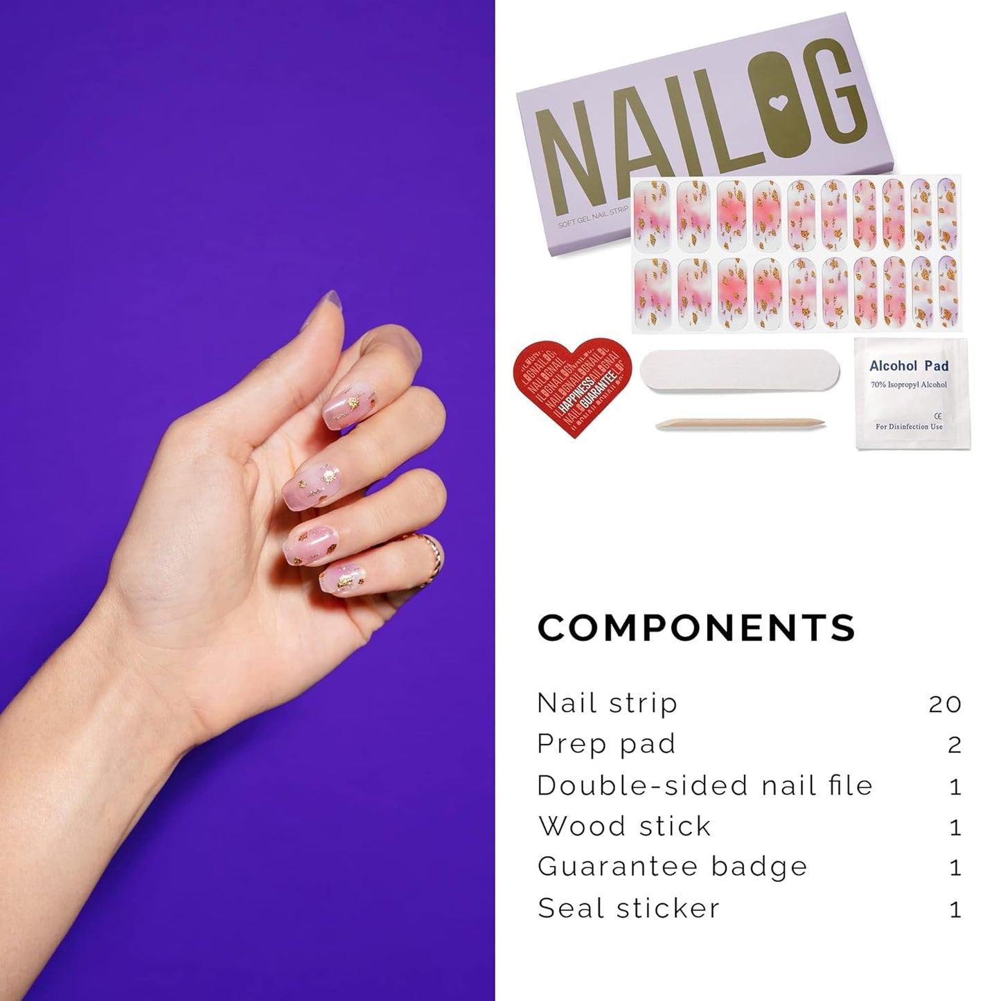 NAILOG Semi Cured Gel Nail Strips (20 Extra Long Polish Stickers/Wraps) │ Glossy & Long Lasting Soft Gel Finishing │Rose Land