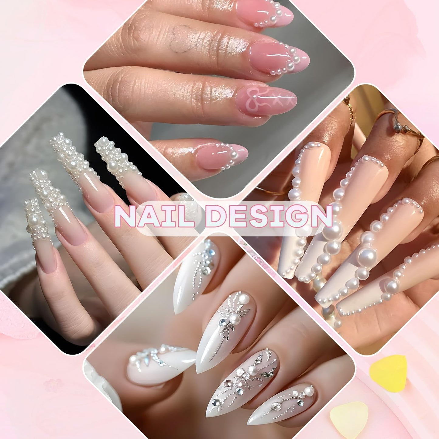 1 Box Nail Pearls Kit for Nail Art, White Pearl Nail Charms for Nails Design (Flatback+Round), Nail Charms and Gems for Acrylic Tips Manicure Decor with Pickup Pencil and Tweezers