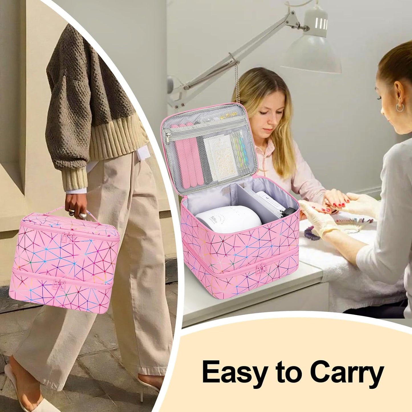Ethereal Small Nail Polish Organizer Case Holds 32+ Bottles(15ml/0.5fl.oz) and Nail Lamp, Double Layer Nail Polish Storage Bag for Nail Kit, Manicure Tools, Diamond Pink