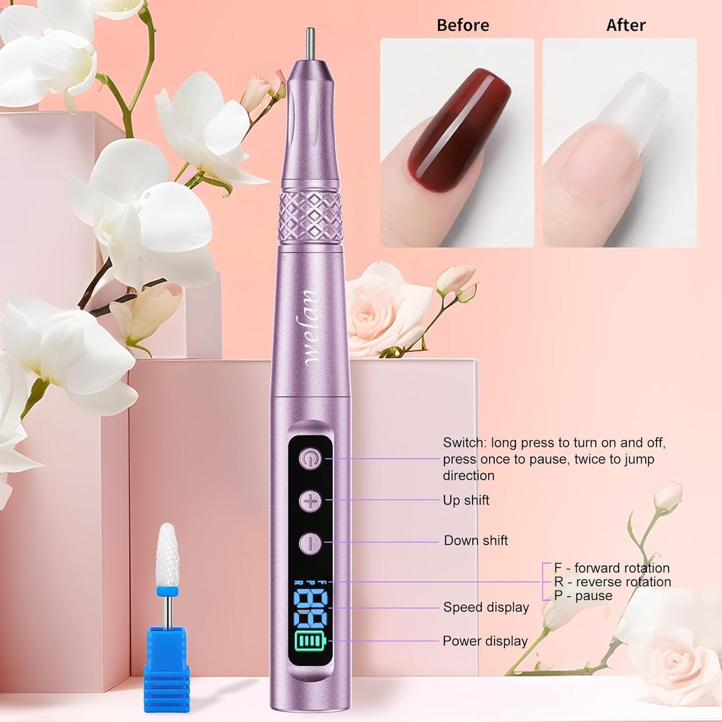 Electric Nail Drill Professional, Cordless NailDrill, 35000RPM Professional NailDrill, Portable Efile Nail Drill Machine for Acrylic and Gel Nail with Manicure and Polishing Tool Set (Pink)