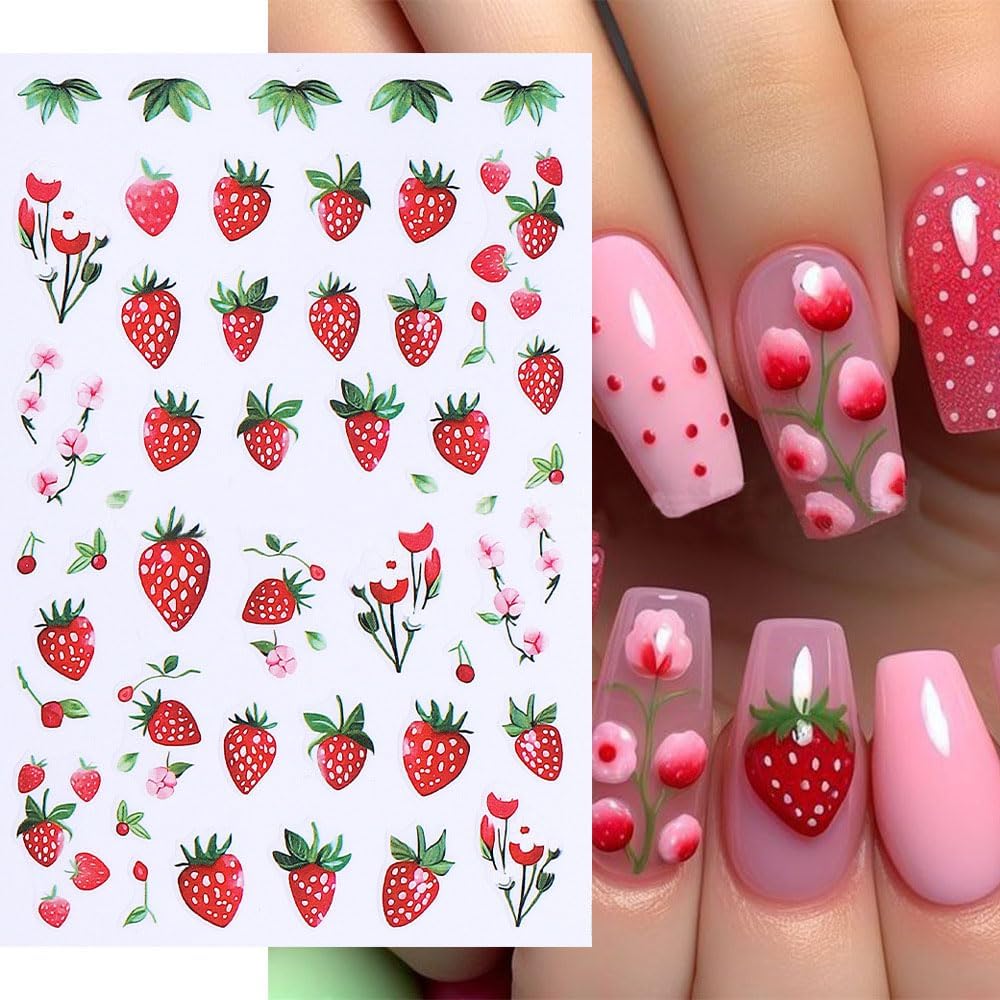 6 Sheets Fruit Nail Art Stickers Decals, 3D Self-Adhesive Embossed Lemon Strawberry Blueberry Stickers Nail Stickers for Women DIY Summer Manicure Decorations