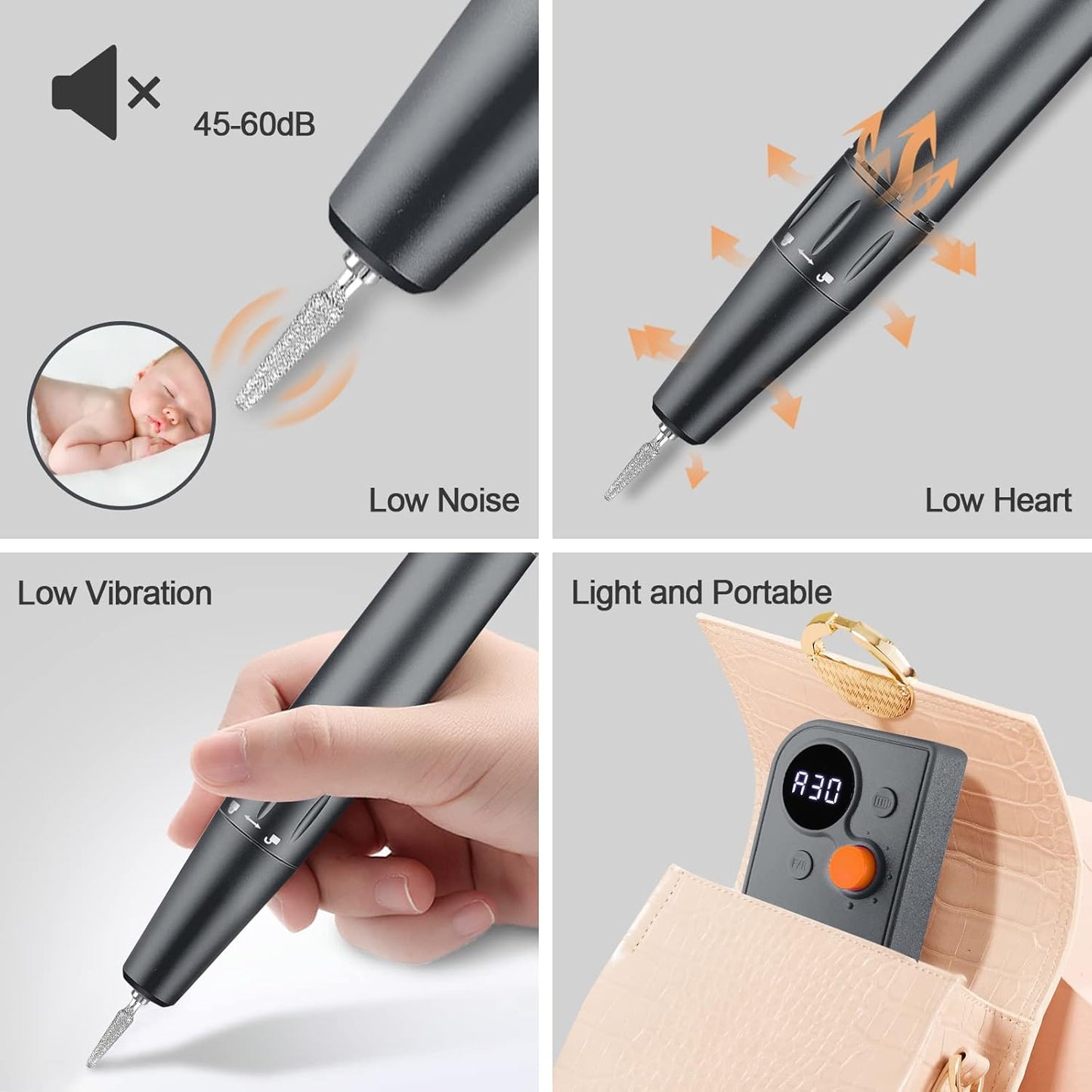 Professional Portable Nail Drill, 30000RPM Rechargeable Electric Nail File Machine for Acrylic Nails Gel Polishing Removing,Cordless E File Nail Drill Machine with Bits for Manicure Salon Home, Gray