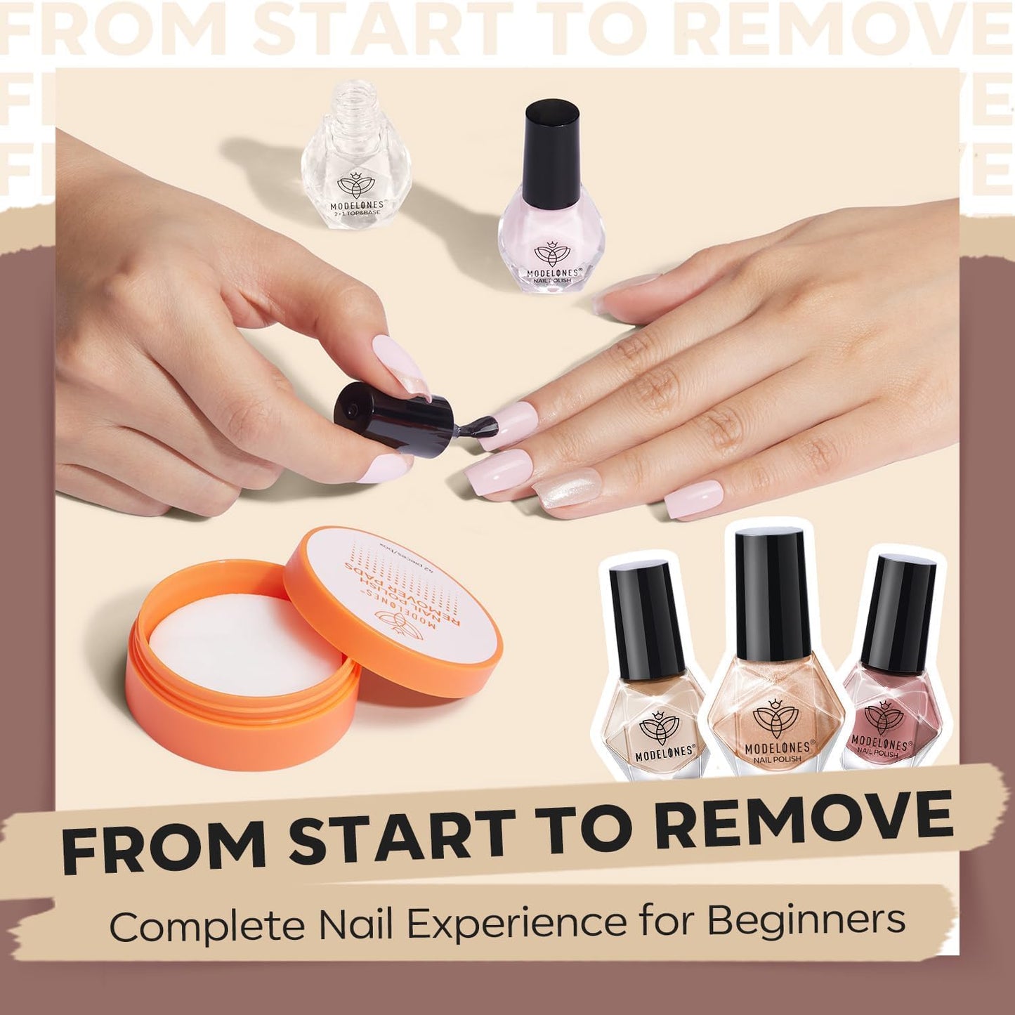 Modelones Nail Polish Set with Base & Top Coat and 42 Pcs Remover Pads, 3 Colors Champagne Glitter Quick Dry Nail Polish Mini Starter Kit Manicure DIY Nail Art Salon Home Gift For Women Girl